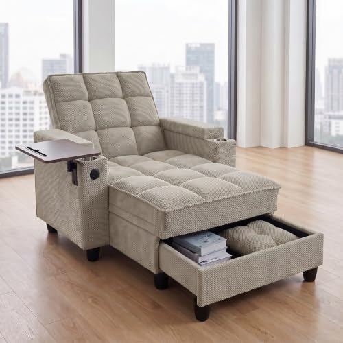 Convertible Sleeper Chair, Pull Out Sofa Bed with Adjustable Backrest & Hidden Storage Armrest, Single Sofa Recliner with USB Charging Port & Cup Holders for Living Room, Bedroom, Khaki - color: C-khaki-i3