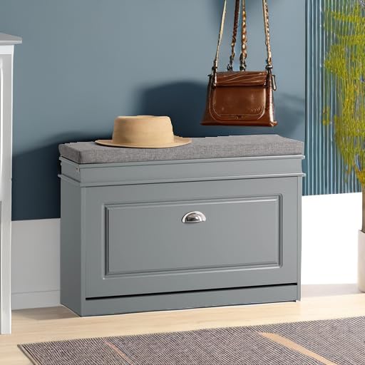 Haotian Shoe Storage Bench with Cushion, Grey Narrow Shoe Rack for Entryway, Small Shoe Cabinet with Flip-Drawer, Closet Hallway Mudroom FSR82-L-HG - color: Grey, size: 1 Drawer:29.5x9.4x20"