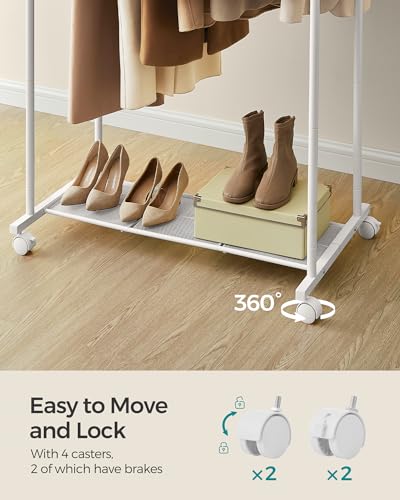 SONGMICS Double Rods Clothes Rack with Wheels, Clothing Rack for Hanging Clothes, Heavy Duty Garment Rack with Mesh Storage Shelf, 2 Brakes, Each Top Rail Holds up to 77 lb, White UHSR026W01 - color: White, style: Double Rod
