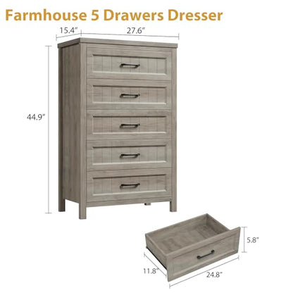 Jocoevol 5 Drawer Dresser for Bedroom - Farmhouse 44.9" Tall Chest of Dresser with Large Storage, Rubst Wood Construction for Living Room, Hallway & Entryway - Gray - color: Grey