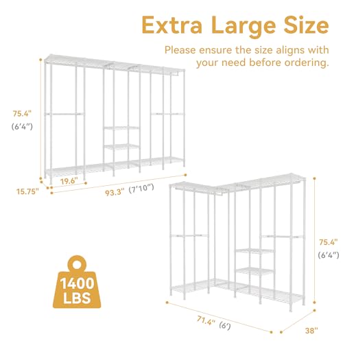 Higeego H5 Clothing Rack for Hanging Clothes, Heavy Duty Closet Rack, White | Large Garment Rack, 93.3"Wx15.7"Dx75.4"H, Freestanding Wardrobe Closet, with Adjustable Shelf, Load 1400 lbs - color: White