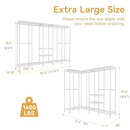 Higeego H5 Clothing Rack for Hanging Clothes, Heavy Duty Closet Rack, White | Large Garment Rack, 93.3"Wx15.7"Dx75.4"H, Freestanding Wardrobe Closet, with Adjustable Shelf, Load 1400 lbs - color: White