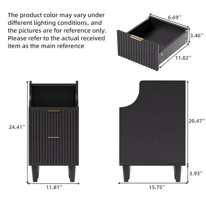 11.8" Narrow Fluted Nightstand Set of 2,Slim Side End Table with 2 Drawers,Black Modern Bedside Table,Skinny Night Stand for Bedroom,Small Space - color: Black
