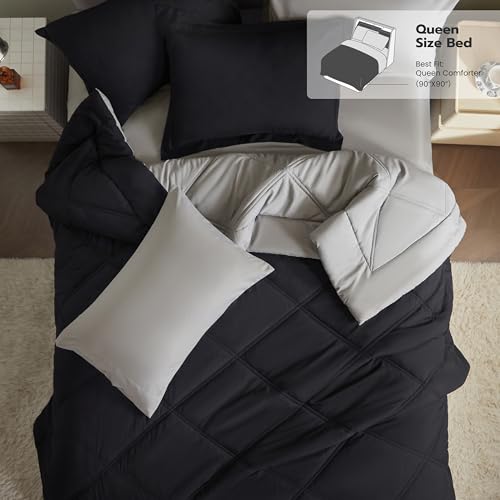 Joiedomi Queen Comforter Set with Sheets Black, 7 Pieces Queen Bed Set with 1 Down Alternative Comforter, 1 Flat Sheet, 1 Fitted Sheet, 2 Pillowcases and 2 Pillow Shams, Bed in a Bag for All Seasons - color: Black, size: Queen