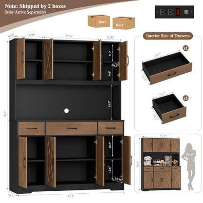 HOSTACK 71" Tall Kitchen Pantry Cabinet, 55" W Kitchen Hutch, Brown/Black | Large Pantry Cabinet with Charging Station / Countertop / 3 Drawers, Farmhouse Hutch Cabinet with Storage for Dining Room - color: Brown/Black