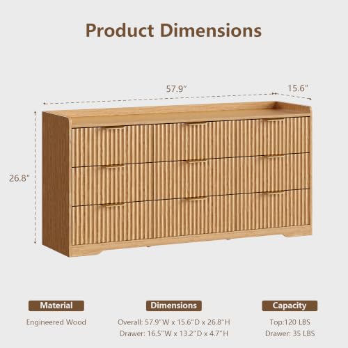 Fluted 9 Drawer Bedroom Dressers Set of 2, 47"W x 26"H, Natural Oak | Modern horizontal chests of drawers with TV stand tops, metal handles, smooth-gliding drawers and anti-tip kits - size: 9D + 9D