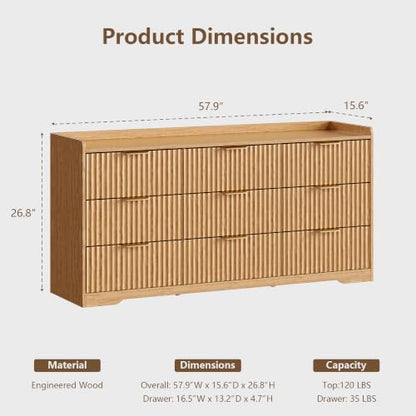 Fluted 9 Drawer Bedroom Dressers Set of 2, 47"W x 26"H, Natural Oak | Modern horizontal chests of drawers with TV stand tops, metal handles, smooth-gliding drawers and anti-tip kits - size: 9D + 9D