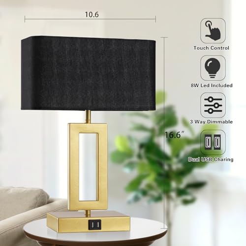 gernehop Black Table Lamps Set of 2 with Dual USB Ports,3-Way Dimmable Touch Control Bedside Lamps,Modern Bedroom Table Lamp for Living Room,Nightstand LED Bulbs Included - color: 16inchBlack&Gold