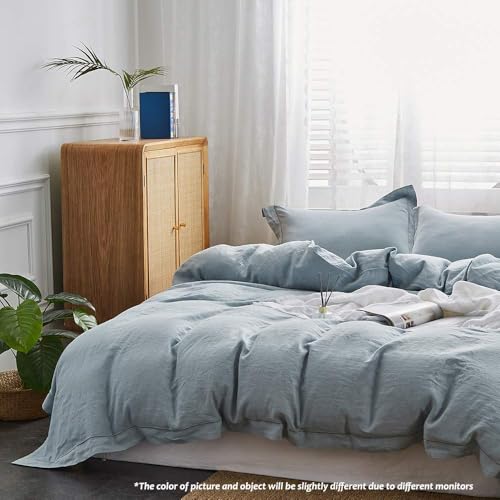 Simple&Opulence 100% Linen Duvet Cover Set with Embroidery Border Washed - 3 Pieces (1 Duvet Cover & 2 Pillow Shams) with Button Closure Soft Breathable Farmhouse - Dusty Blue, Full Size - color: Dusty Blue, size: Full