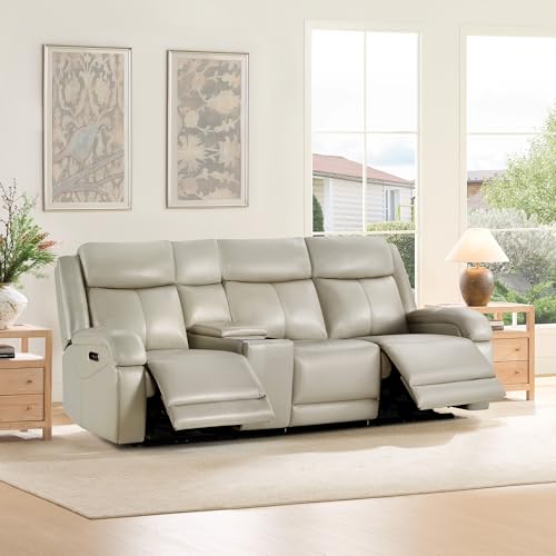 Watson & Whitely Wall Hugger Power Reclining Sofa with Console, Grey | Genuine Leather Recliner Sofa, Power Headrests, Center Storage Console, Cup Holders, 3-Seater Couch, Living Room & RV - color: Grey, style: 3 Seater Sofa (with console)