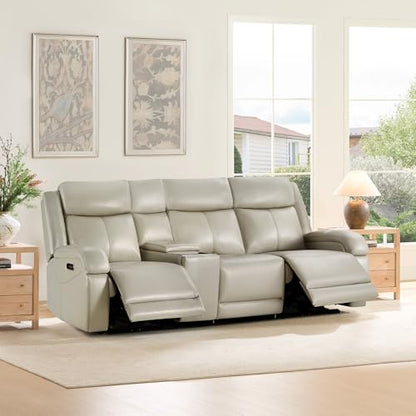 Watson & Whitely Wall Hugger Power Reclining Sofa with Console, Grey | Genuine Leather Recliner Sofa, Power Headrests, Center Storage Console, Cup Holders, 3-Seater Couch, Living Room & RV - color: Grey, style: 3 Seater Sofa (with console)