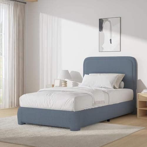 BarnFurin Twin Bed Frame, Cloud Boucle Headboard, Rounded Corners, Blue | Soft boucle and rounded edges create a low-profile cloud look. Wooden slats support the mattress without a box spring - color: Blue, size: Twin