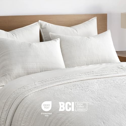 EVERGRACEHOME 100% Cotton Modern Lines Quilt Set Queen Size, Bright White | Pre-Washed Soft Cotton, Striped Coverlet Bedspread, 3 Piece Lightweight Bedding Set for All Season, with 2 Pillow Shams - color: Bright White, size: Full/Queen (92" X 92")