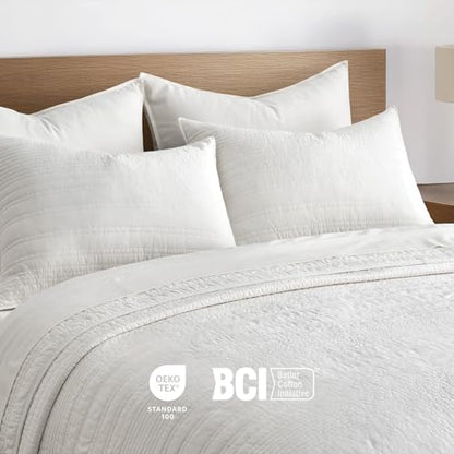 EVERGRACEHOME 100% Cotton Modern Lines Quilt Set Queen Size, Bright White | Pre-Washed Soft Cotton, Striped Coverlet Bedspread, 3 Piece Lightweight Bedding Set for All Season, with 2 Pillow Shams - color: Bright White, size: Full/Queen (92" X 92")