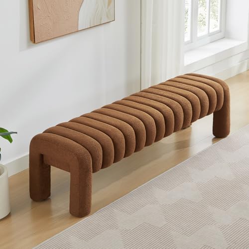 63" Bedroom Bench, Upholstered Entryway Bench, Modern End of Bed Ottoman with Solid Wood Legs and Adjustable Foot Pegs for Entryway, Dining Room and Living Room (Rust Brown Boucle) - color: Rust Brown Boucle, size: 63"
