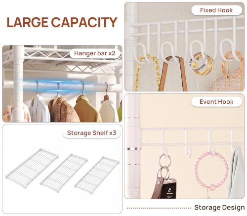 Heavy Duty Clothes Rack Load 350 LBS, Hanging Rods Clothes Rack, Black | Clothes Organizer Rack, Heavy-Duty Frame, Removable Rods, Side Hooks, Silent Casters, No Tools, Walk-In Closet, Small Space - color: WHITE, size: 45IN