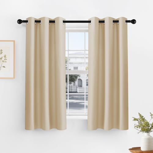 PONY DANCE Beige Short Blackout Curtains for Kitchen 45 Inch Length | Thermal Insulated Grommet Curtains for Bedroom, Black Out Drapes for Bathroom Small Window (2 Panels Set, 34 inches Wide) - color: Biscotti Beige, size: 34"W x 45"L (Pack of 2)