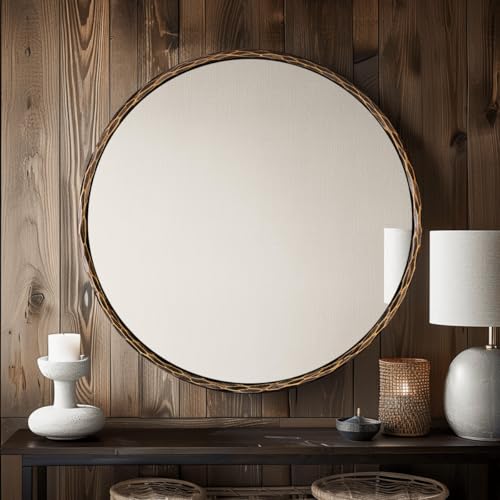 Hand-Forged Bronze Round Bathroom Mirror, 36 Inch Antique Oil Rubbed Bronze Circular Mirror, Solid Steel Hammered Rounded Mirrors for Wall Decor, Vanity, Washroom, Entry, Fireplace - color: Bronze, size: 36"L x 36"W