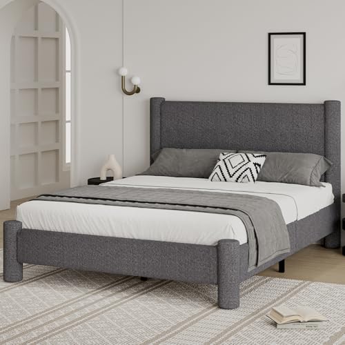 REVOMINCA Queen Boucle Bed Frame with Headboard & Footboard, Dark Grey | Upholstered platform frame has soft rounded corners, requires no box spring, and is easy to assemble. - color: Dark Grey, size: Queen