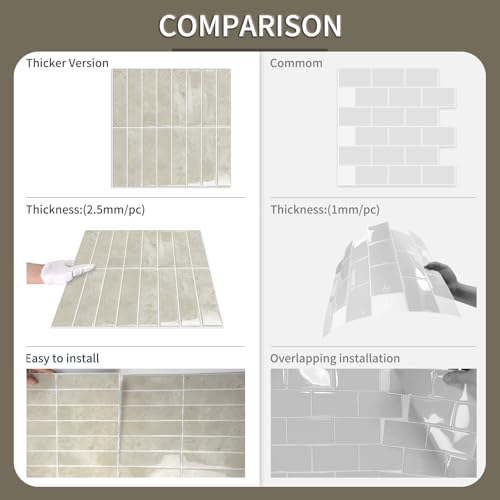 10 Sheets Upgraded Thicker Design Subway Tile Peel and Stick Backsplash | 12”×12”Self Adhesive Wall Tiles Stick on Back Splash for Kitchen,Bathroom,Camper(Beige) - color: Beige