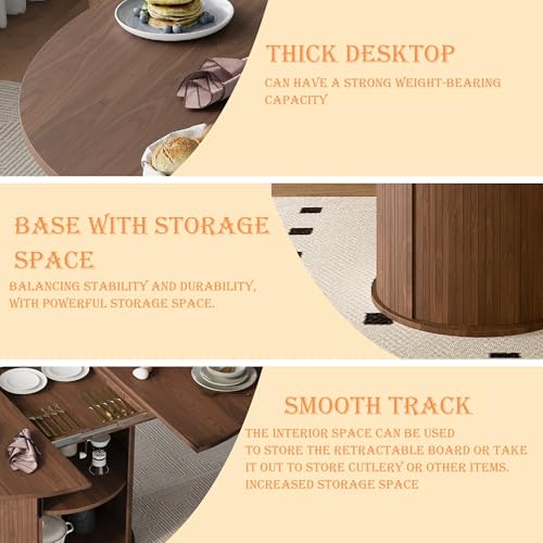 Wildhome Extendable Round Dining Table for 2-4-6, 59 Inch Dining Room Kitchen Table with 2-Tier Storage Shelf, Modern Farmhouse Fluted Wood Slide Door Dinner Furniture,Oval Circle,Walnut-59 Inch - color: Walnut-59 Inch