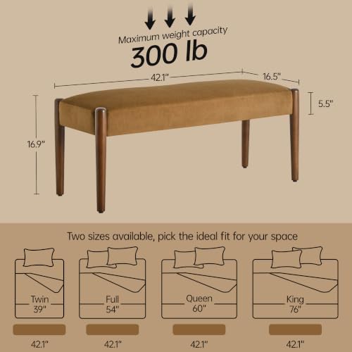 Usaint 42" End of Bed Bench with Wood Legs, Caramel Orange with Walnut Leg | Modern Upholstered Bedroom Bench with Rubberwood Legs, Entryway Bench with Cushion, Dining Bench for Living Room, Bedroom - color: Caramel Orange With Walnut Leg