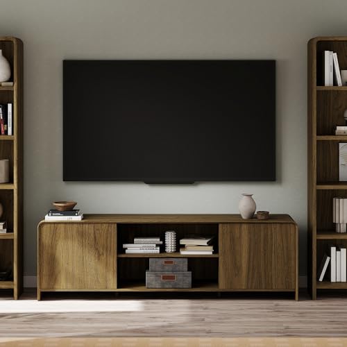 Bevfint Modern TV Stand for 80 Inch TVs, Rustic Entertainment Center for Cozy Home Theater & Holiday Gatherings, Dark Oak Media Console Cabinet with Storage & Arc Design - Walnut Grain - color: Walnut Grain