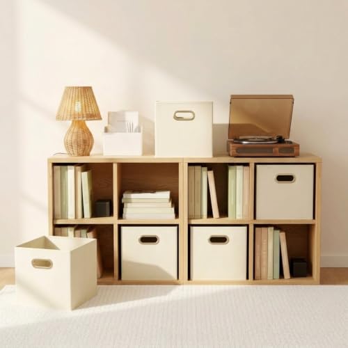 Fabric Storage Bins 6 Piece Set, Strong Poly-Woven Fabric, Sturdy Chipboard Sides, Grommet Front Handle, Stackable and Foldable, Classic Design, Cream - color: Cream, size: 11” L x 11” W x 11” H