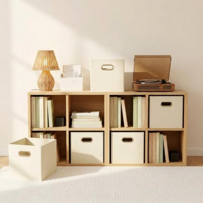 Fabric Storage Bins 6 Piece Set, Strong Poly-Woven Fabric, Sturdy Chipboard Sides, Grommet Front Handle, Stackable and Foldable, Classic Design, Cream - color: Cream, size: 11” L x 11” W x 11” H