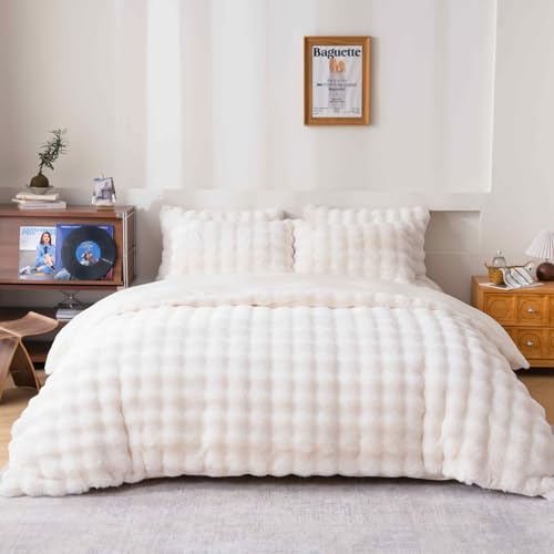 Fluffy White Duvet Cover Full Set, Soft Shaggy Plush Rabbit Bedding Set 3 Pieces (1 Fuzzy Comforter Cover + 2 Faux Fur Pillow Cases) Zipper Closure（White, Full） - color: White, size: Full