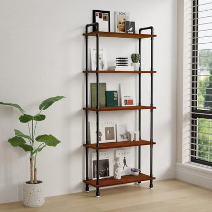 Industrial Bookshelf, Pipe Shelf Bookcase, 5 Tier, 30" Walnut | Solid pine shelves, 30 inch wide, black pipe frame, 35 lbs per shelf, open bookcase for books, plants, office - color: Walnut Brown, size: 30"L × 70"H