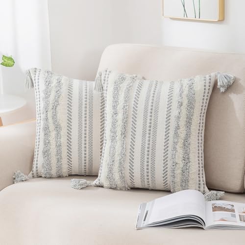 decorUhome Grey and Cream White Throw Pillow Covers 18x18 Set of 2 | Decorative Boho Accent Neutral Tufted Modern Farmhouse Textured Pillow Covers for Couch Bed Sofa Living Room - color: Grey and Cream White, size: 18" x 18" (Pack of 2)