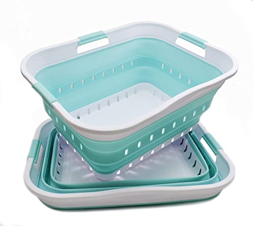 SAMMART 42L (11 gallon) Collapsible Plastic Laundry Basket - Foldable Pop Up Storage Container/Organizer - Portable Basket - Space Saving Hamper/Basket (2, White/Lake Green) - color: White/Lake Green