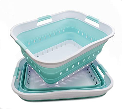 SAMMART 42L (11 gallon) Collapsible Plastic Laundry Basket - Foldable Pop Up Storage Container/Organizer - Portable Basket - Space Saving Hamper/Basket (2, White/Lake Green) - color: White/Lake Green