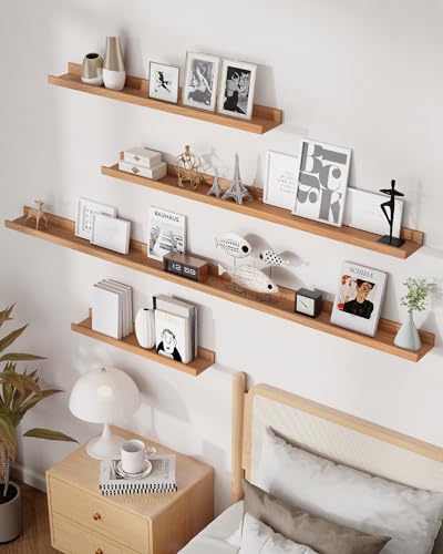 Cherry Picture Ledge Shelf, 48 Inch Floating Shelves Set of 2, Solid Wood Wall Shelves with Lip, Wall Decor Storage for Bedroom Living Room Bathroom Kitchen Nursery Photo, Natural Cherry - color: Cherry, size: 48inch