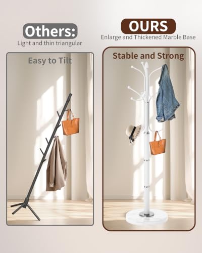 Snaikor Metal Coat Rack Freestanding, Sturdy Coat Rack Stand with Natural Marble Base, White Coat Racks Tree Hats Hanger Holder Stand for Entryway, Hallway(12 Hooks) - color: White-12Hooks