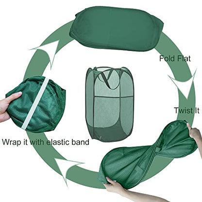 2Pack Collapsible Laundry Basket with Side Pocket, Mesh Pop Up Hamper Portable Carrying Handle, Cruise Room Storage Basket (Beige+Green) - color: Beige+Green