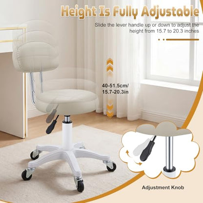 Small Armless Office Desk Chair with Back, Faux Leather Vanity Chair with Wheels - Height Adjustable, 360° Swivel, Ergonomic Rolling Computer Stool for Home Bedroom Office Beige