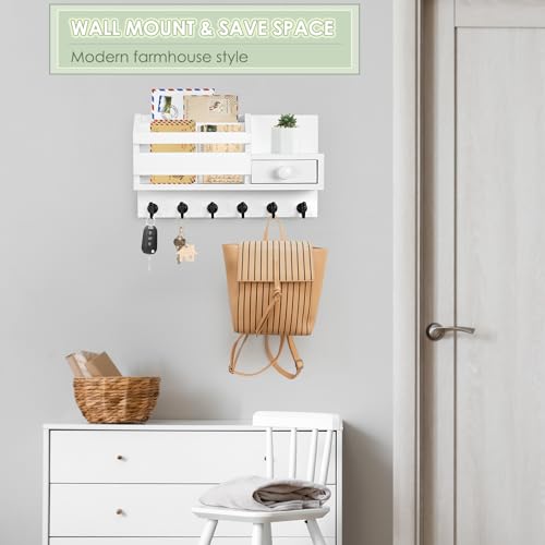 VIS'V Key Holder Wall Mount, Wooden Mail and Key Organizer, White | Contains Little Drawer, Small Shelf, 2 Slots, 6 Hooks, for Entryway, Hallway, Doorway, Kitchen, Garage, RV - color: White
