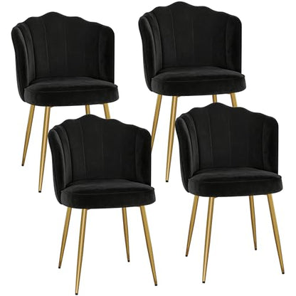 VECELO Velvet Dining Chairs Set of 4, Modern Upholstered Kitchen Chairs with Thick Cushions, Curved Padded Backrest and Metal Legs, for Kitchen, Dining Room, Living Room, Black - color: Black, size: Set of 4