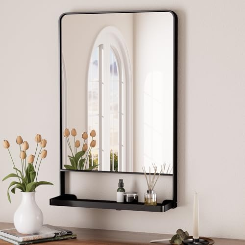 Keonjinn 18 x 28 Inch Black Bathroom Mirror with Shelf, Rust-Resistant | Rounded Corner, Rectangle Metal Bathroom Vanity Mirror with Storage, French Cleat Mount, Entryway, Bedroom, Hallway, Décor - color: Black, size: 28"L x 18"W