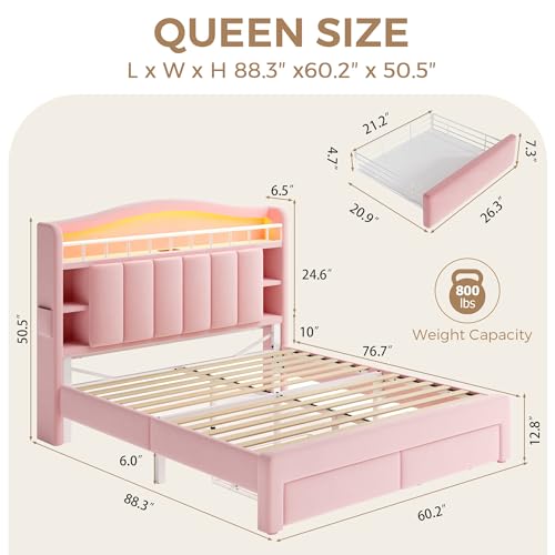 Pink Queen Size LED Bed Frame with Storage Headboard, Upholstered Velvet Wood Princess Bed for Girls with 5 Charging Ports (USB-C & AC), Hidden Compartment, Sturdy Aluminum Frame & 2 Silent Drawers - color: Pink, size: Queen (U.S. Standard)