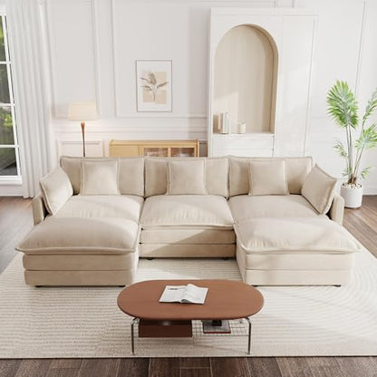 Modular Sectional Sofa, 111.5 Inch U Shaped Couch Set for Living Room, 3-Seater Comfy Cloud Couches with Movable Ottoman, DIY Combination, Chenille, Light Coffee - color: Light Coffee, size: 111.5 Inch- U