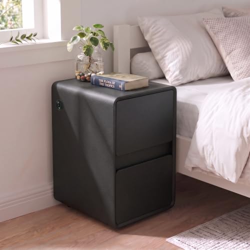 Modern Leather Nightstands Black | Solid Wood Bedside Table with USB Charging Station, Small End Table with 2 Drawers for Bedroom Living Room - color: Black, size: 16"