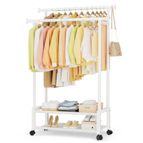 Double Rod Clothing Rack with 2 Shelves, Rolling, White | All tools included, metal frame, 4 casters with 2 locking, for bedroom, laundry, and entryway - color: White