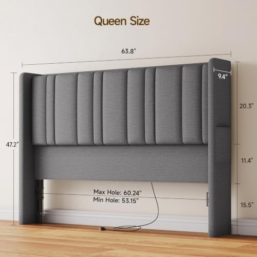 Queen Size Headboard with Storage, LED Light, Grey | Linen Vertical Wingback Headboard w/ Charging Station, Upholstered Head Board w/ High-Density Foam Padding, 2 Storage Pockets - color: Gray, size: Queen