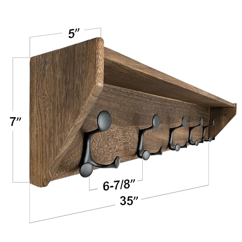 SKOLOO Wall Shelf with Hooks, 35-Inch Weathered Brown Wall Mounted Coat Rack with Shelf Organizer - Lightweight & Sturdy, 5 Tri Hooks - Perfect for Entryway, Hallway, Living Room, Bedroom, Mudroom - color: Weathered Brown, size: 35 inch with 5 hooks