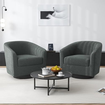 Swivel Barrel Accent Chair, Comfy Reading Armchair, Dark Grey, Set of 2 | Club Chairs for Adults, Low-Back Design, Modern Round Style, Solid Wood Frame & Metal Swivel Base, For Living Room & Bedroom - color: Dark Grey