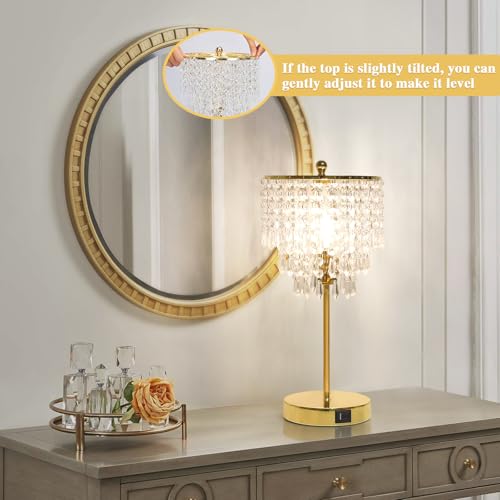 Crystal Table Lamp with USB C+A Ports, 3-Way Dimmable Touch Lamp, Gold Lamp | Bedside Lamp with Crystal Shade, Nightstand Lamp for Bedroom, Teens Room, Living Room, Dresser, B11 LED Bulb Included - color: Gold
