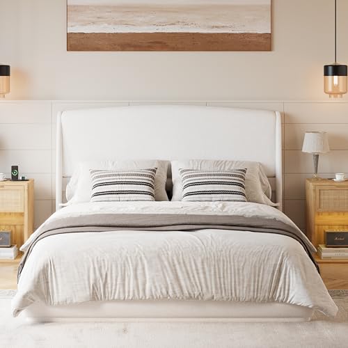 RuiSiSi Queen Size Upholstered Bed with Wingback Headboard, Low Profile Linen Fabric Platform Bed Frame, Strong Wood Slats, No Box Spring Needed, Easy Assembly, Beige - color: Beige